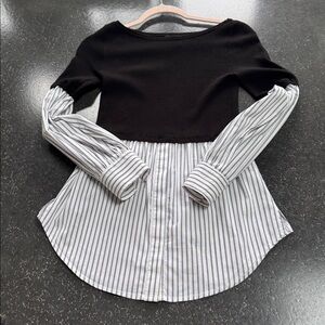White House Black Market Black Sweater with Layered White Striped Blouse